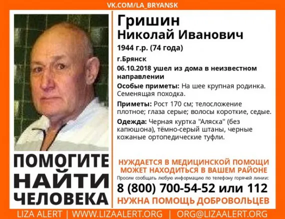 В Брянске продолжаются поиски 74-летнего Николая Гришина
