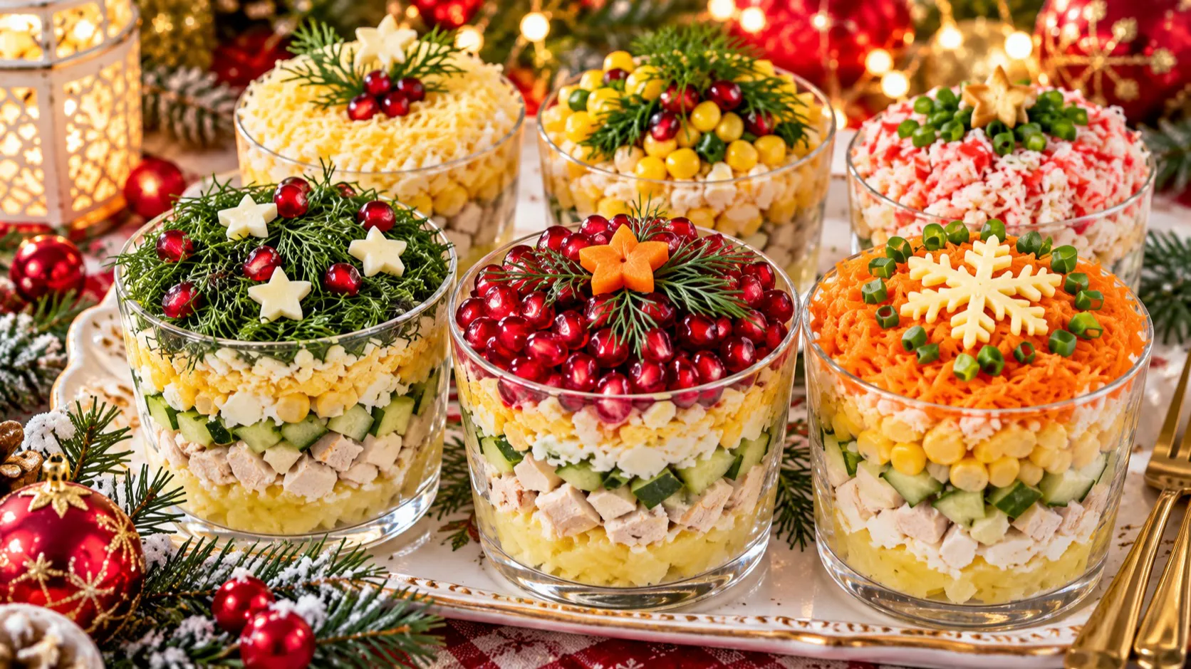 На Новый год собираю салат «Ёлочные шары» порционно: простые продукты, яркая подача — на столе выглядит как праздничный декор