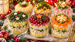 На Новый год собираю салат «Ёлочные шары» порционно: простые продукты, яркая подача — на столе выглядит как праздничный декор