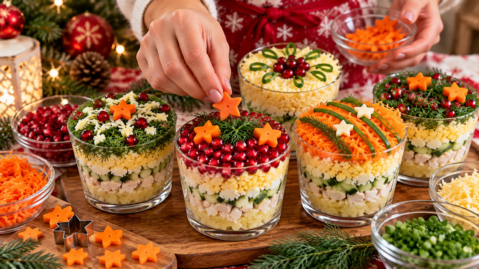 На Новый год собираю салат «Ёлочные шары» порционно: простые продукты, яркая подача — на столе выглядит как праздничный декор